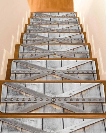 Retro Barn Door Stair Treads Vintage Metal Rivets Farmhouse Barn Garage Wood Grain Indoor Non Slip Peel and Stick