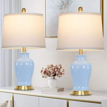 23" Modern Blue Ceramic Table Lamps Set of 2, Coastal Ceramic Lamps, Classic Bedside Lamp with Ginger Jar Design
