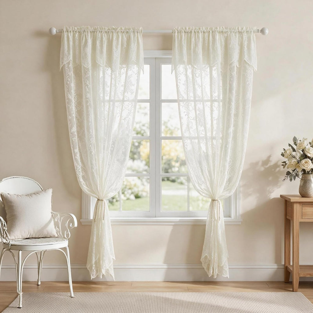Cream Lace Curtains with Valances 84 Inches Long 2 Panels, Vintage French Floral Embroidered Semi Sheer Drapes Rod
