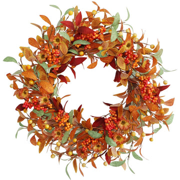 18 Inch Fall Wreath for Front Door, Autumn Floral Wreath with Orange Leaves, Berry Clusters, Flowers and Greenery for