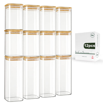 12-Pack Square Glass Storage Jars with Bamboo Lids (0.6Qt/1.06Qt) - Stackable Food Containers for Pantry