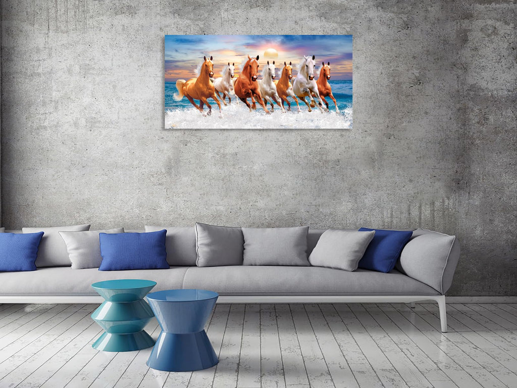 Wall Art Canvas Painting Horses Running Blue Sky 1 Piece Seven Horses in The Water Sunset Background Picture Poster