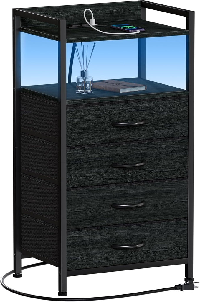 Night Stand with Charging Station, Black Nightstand with Drawers and Led Light, Tall Dresser , Bedside Table with