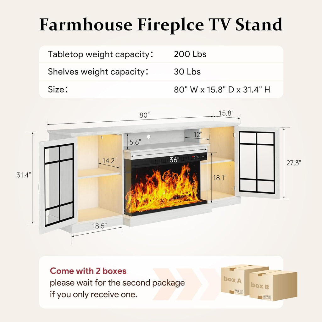 80'' Fireplace TV Stand, Farmhouse Entertainment Center with 3 Sided Glass TV Stand, Modern Media Console Table with