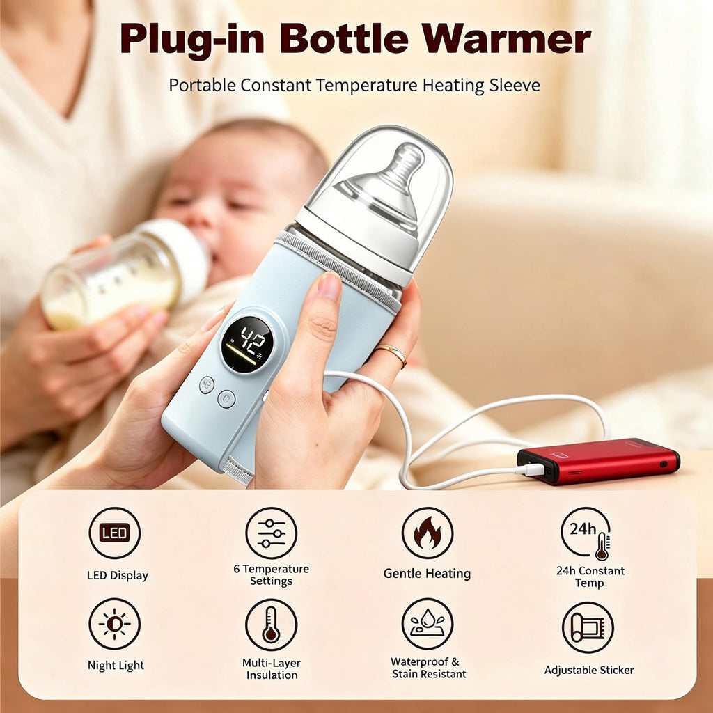 PortableUSB Baby Bottle Warmer Sleeve,Digital Temp Display,Travel,Blue
