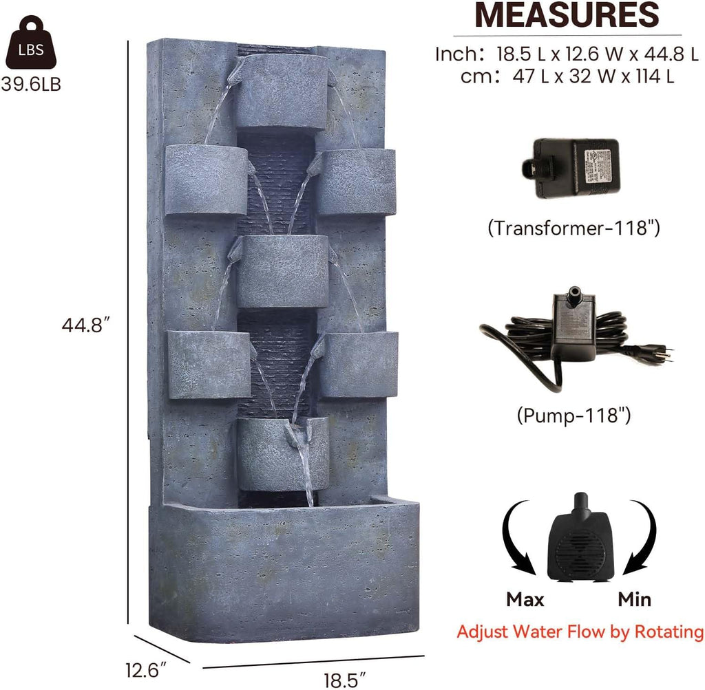 44.8" H Modern Outdoor Water Fountain with LED Lights and Pump, Mutiply-Tier Standing Cascading Waterfall