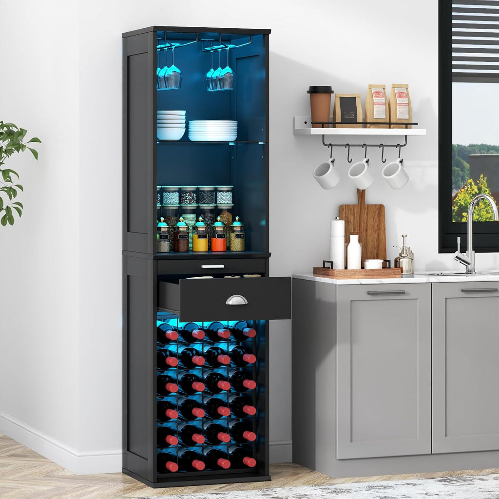 Wine Bar Cabinet w/LED Lights, 65'' Tall Coffee Bar w/24 Wine Rack | Freestanding Liquor Cabinet with Glass Holder &