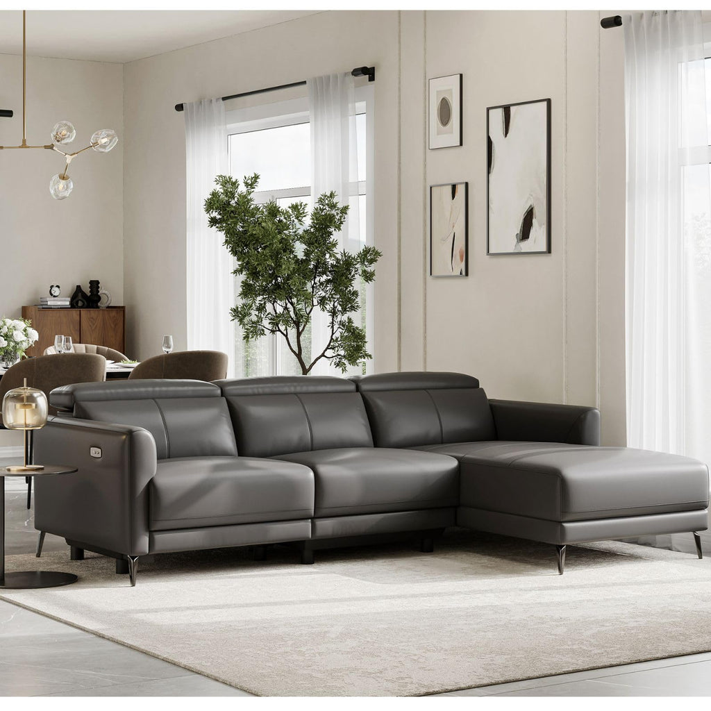 Andria 99.5" Leather Sectional Couch, Power Recliner with Right Chaise - Cloudy Grey