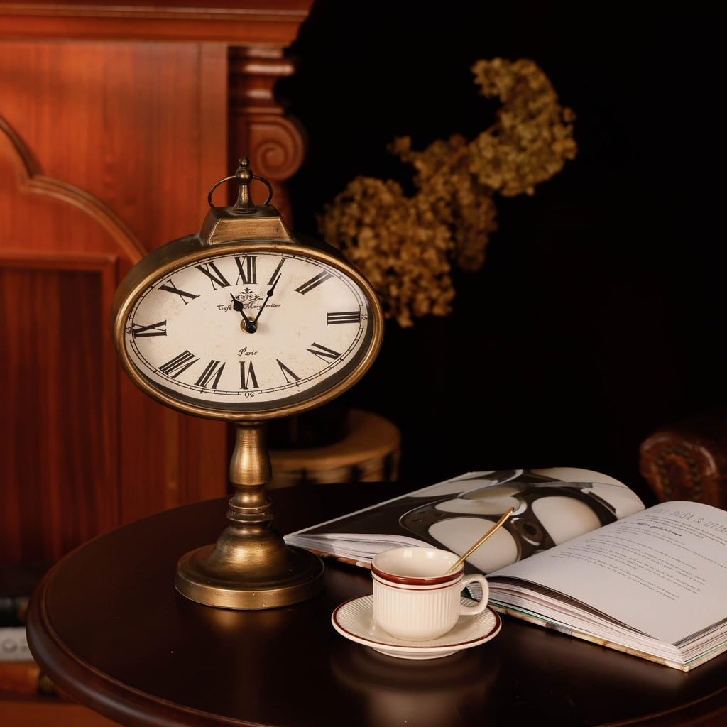 HOME Antique Mantel Clock, Gold Retro Desk Clock Silent-Non-Ticking Battery Operated Decorative Desk Table Clock
