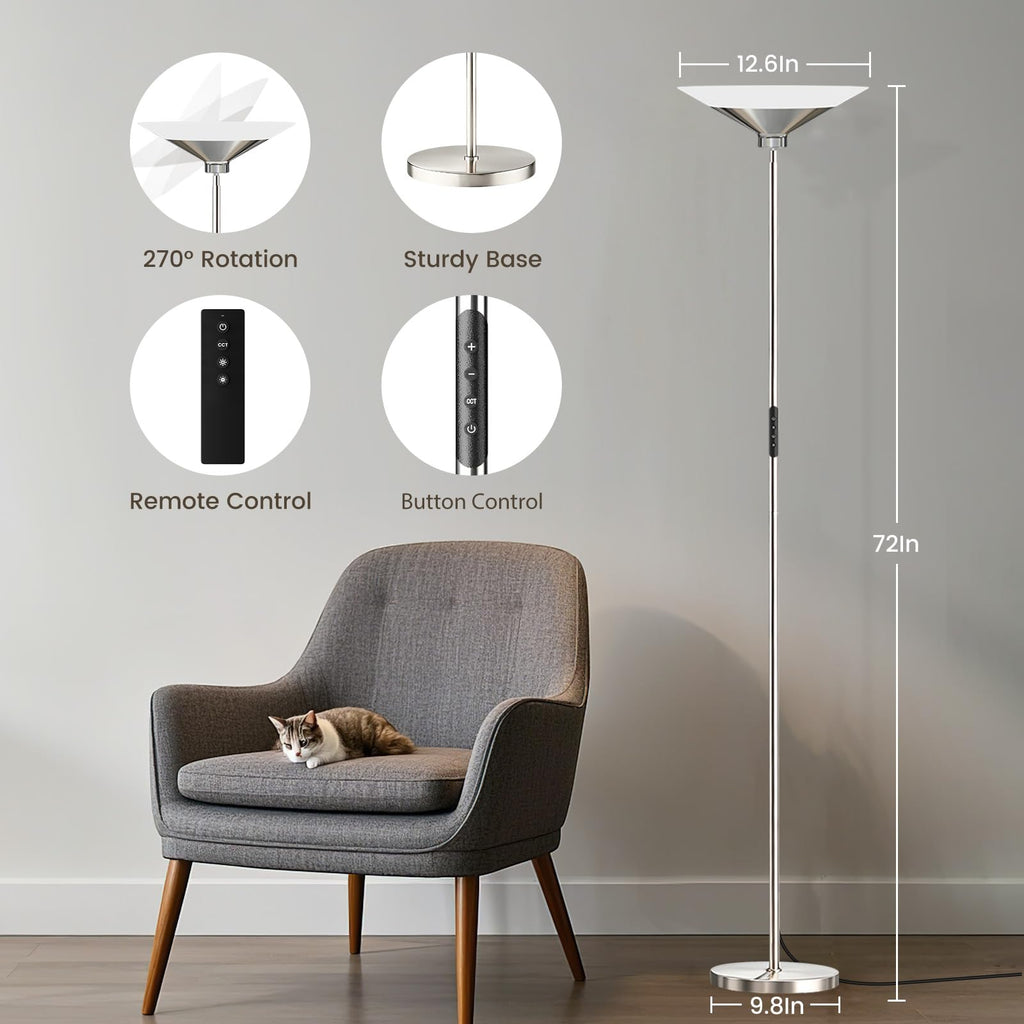 Metallic Silver Torchiere Floor Lamp - 30W Dimmable LED Standing Lamp with Remote/Button Control, 1800Lm