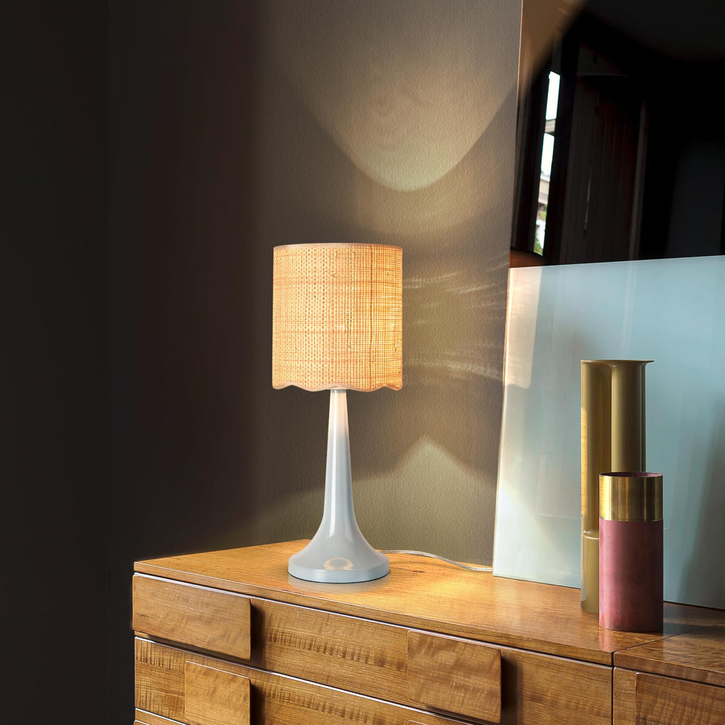 Light Blue Rattan Small Table Lamp, Light Blue Wicker Lamps for Bedside Nightstand, Rattan Shade Small Table Shape
