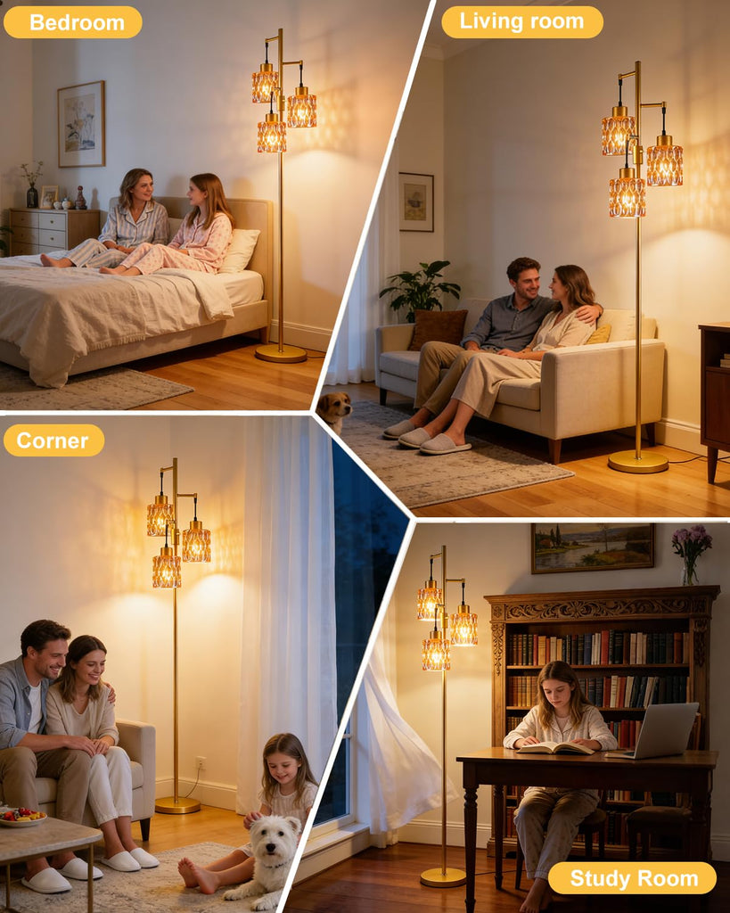 Glass Floor Lamp 3-Light Modern Gold Tall Lamp with Amber Cylinder Shade