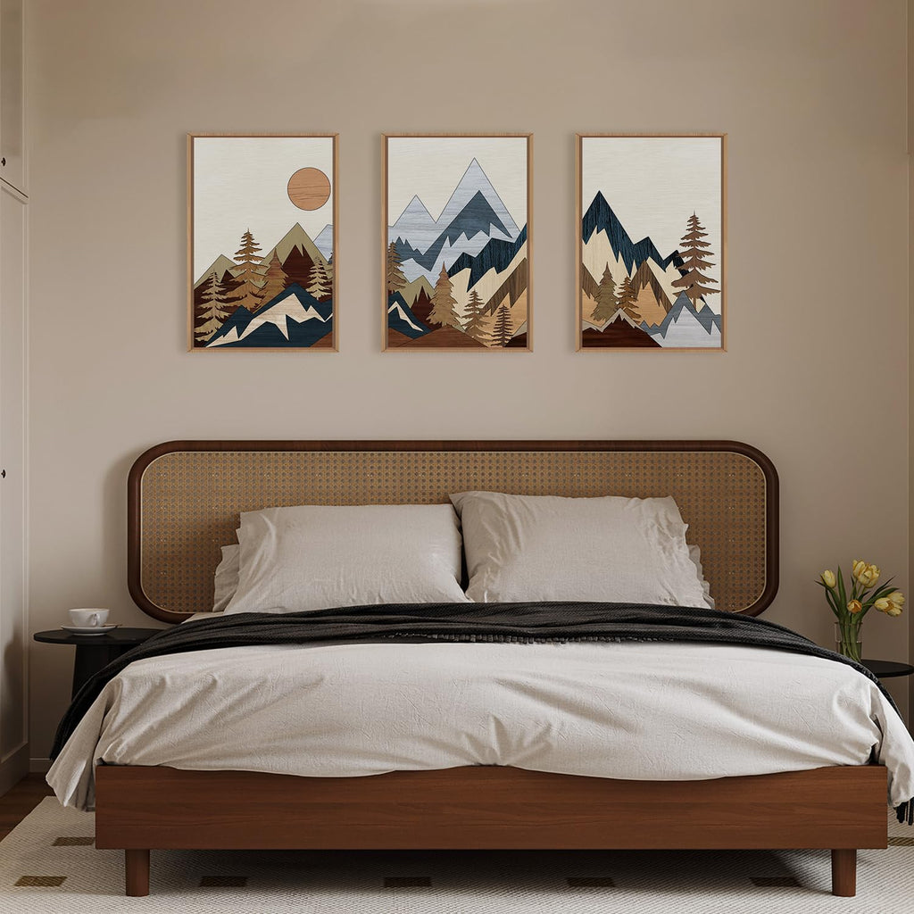 Mid Century Woodcut Mountain Woodland Framed Wall Art Set- 16"x24"x3