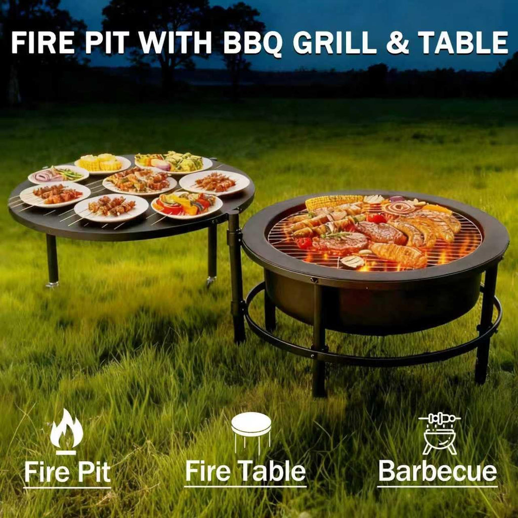 Fire Pits for Outside Wood Burning, Large Outdoor Fire Pit Stove with Roating Table and BBQ Grill