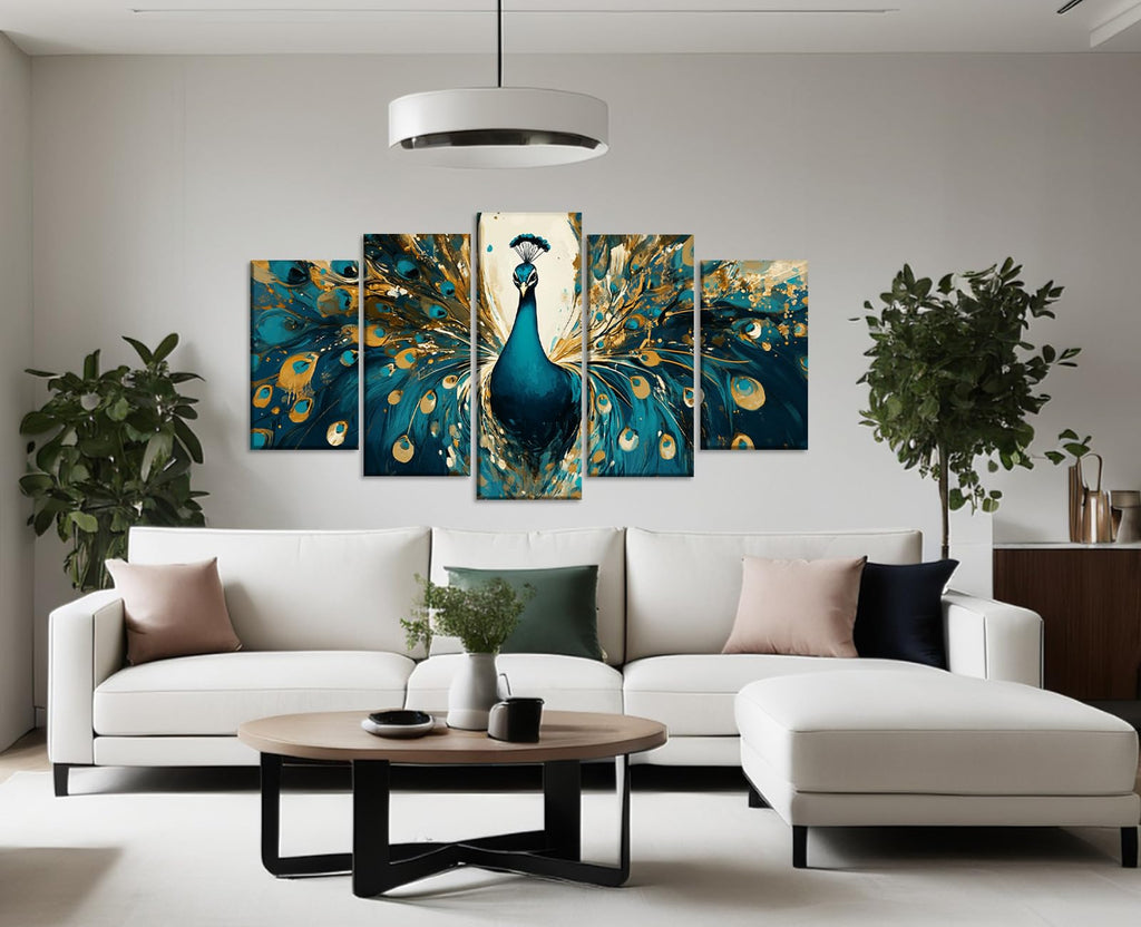 Peacock Wall Art 5 Piece Green and Gold Peacock Picture Canvas Prints Animal Painting Prints Modern Artwork Wall