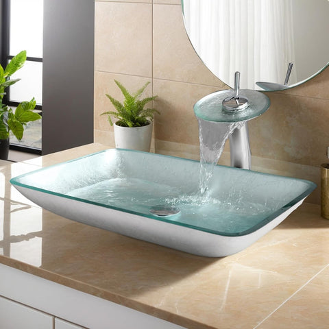 Tempered Glass Vessel Sink with Waterfall Faucet and Drain Combo 22 Inch Silver Rectangular Glass Bathroom Vessel