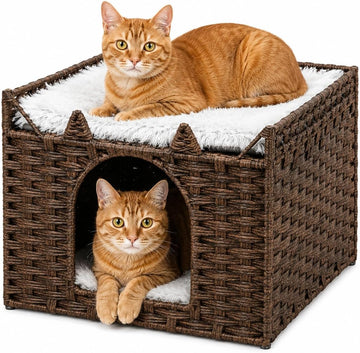 Handwoven PE Rattan Cat Bed with Ears, 2-Level Indoor Cat Cave House with 2 Removable Cushions, Foldable Hideaway