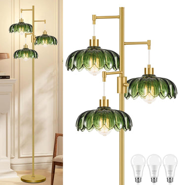 Vintage Floor Lamps Bedroom-3 Light Dimmable Gold Floor Lamp with Glass Lampshape, Flower Tall Lamp Modern Mid