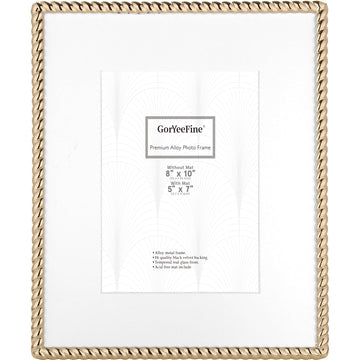 High-End 8x10'' Gold Photo Frames with Acid Free Mat for 5x7''- Contemporary Rope Profile, Velvet Backing, Tempered