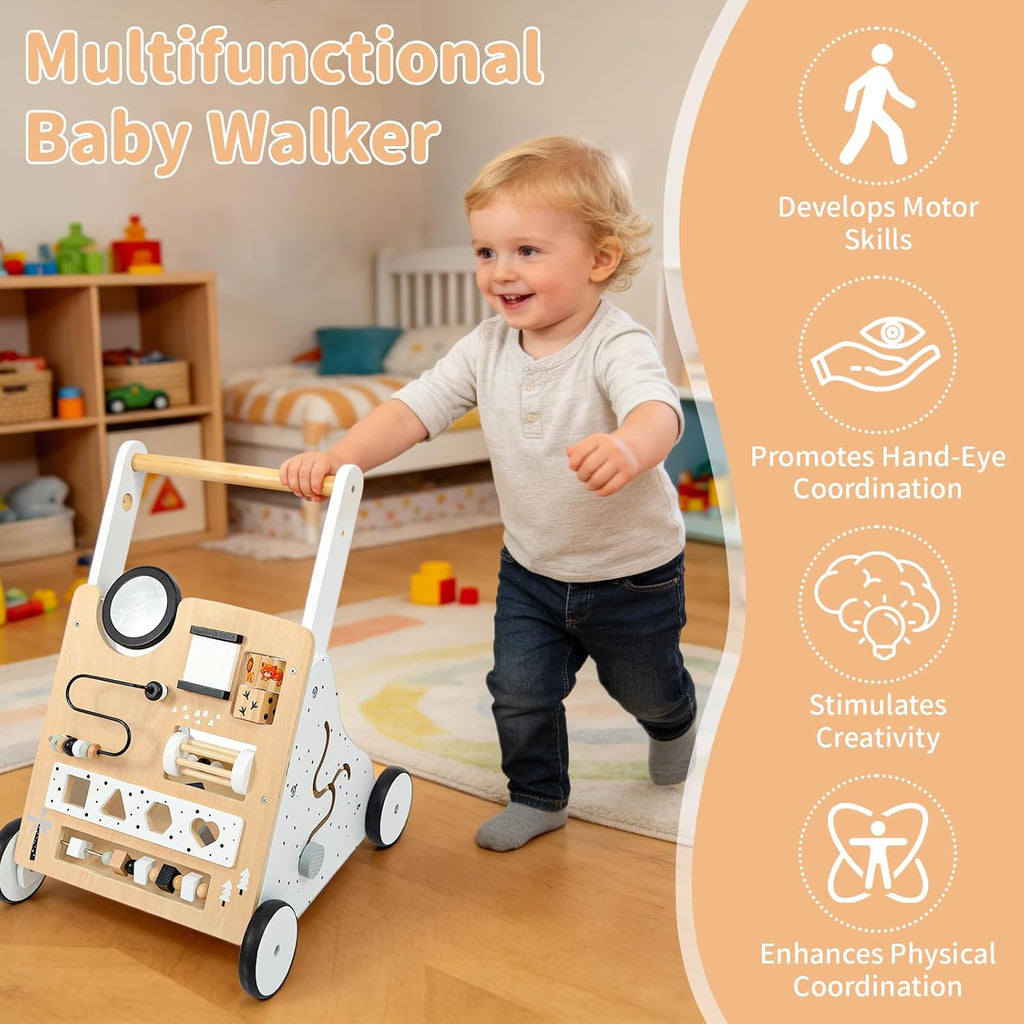 Wooden Baby Walker for Toddlers 1-3, Adjustable Height Montessori Push Toy with in-1 Activity Center, Baby Push