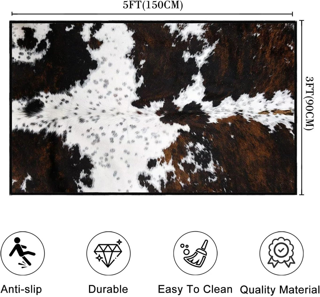 Cowhide Area Rug Western Rug Ultra-Thin Washable Throw Carpet Brown Cow Print Rugs Indoor Vintage Rugs Non Slip