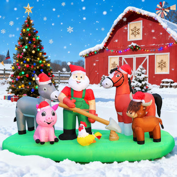 7FT Christmas Inflatable Blow Up Decorations, Santa Claus Farm Scene with Highland Cow, Clydesdale Horse, Donkey