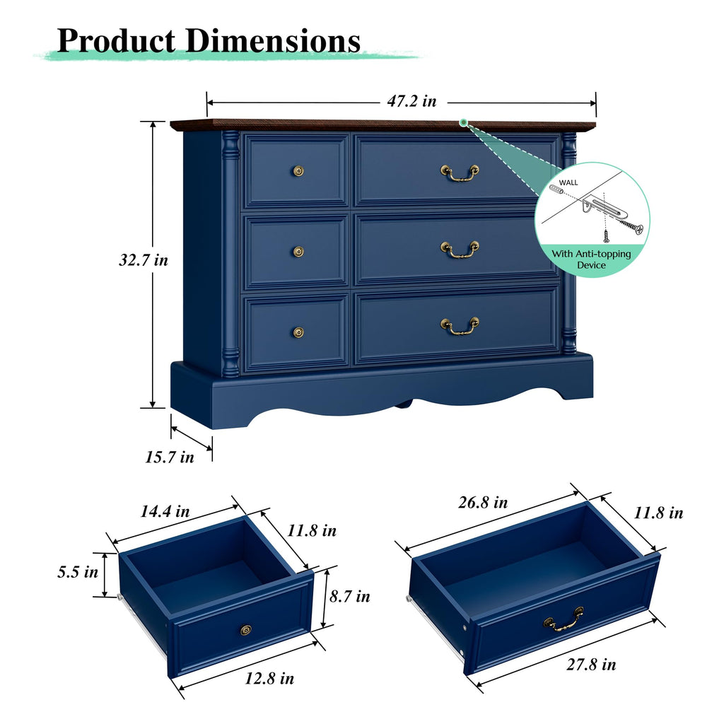 Gray Rustic 6 Drawer Wood with Charging Station