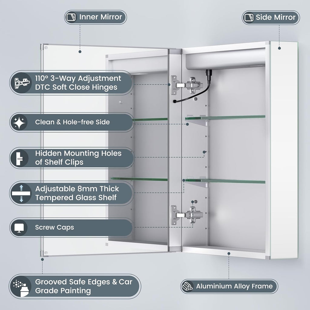 Lighted Medicine Cabinet with Mirror, Plug-in or Hardwired, Anti-Fog/3 Colors/Dimmable, AL Alloy, 2 Outlets & USBs