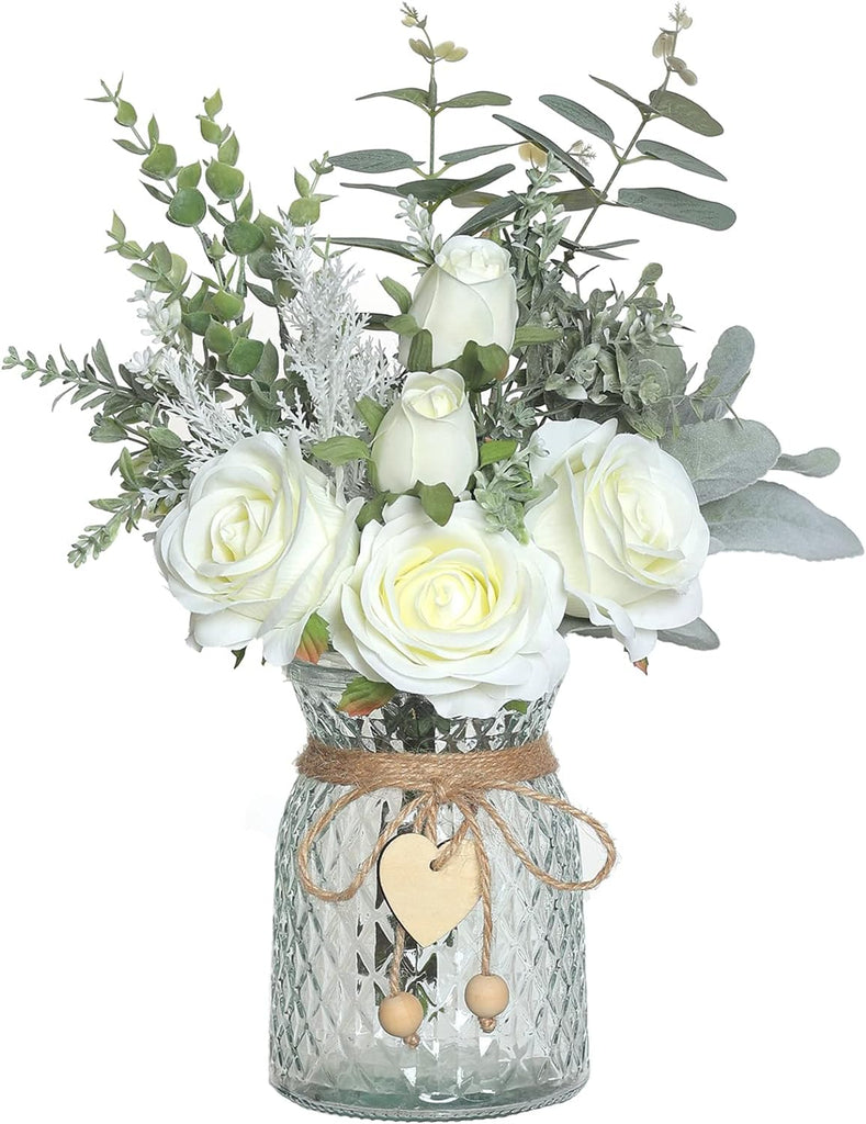14.5" Faux Flowers with Vase,Artificial Silk Roses in Vase(White) | Realistic Fake Plant Faux Eucalyptus,Flower
