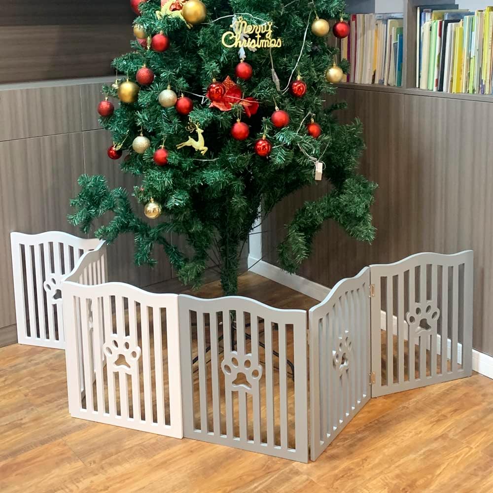 Pet Gate Wooden Free-White Standing Dog Gate for Small Dogs & Cats