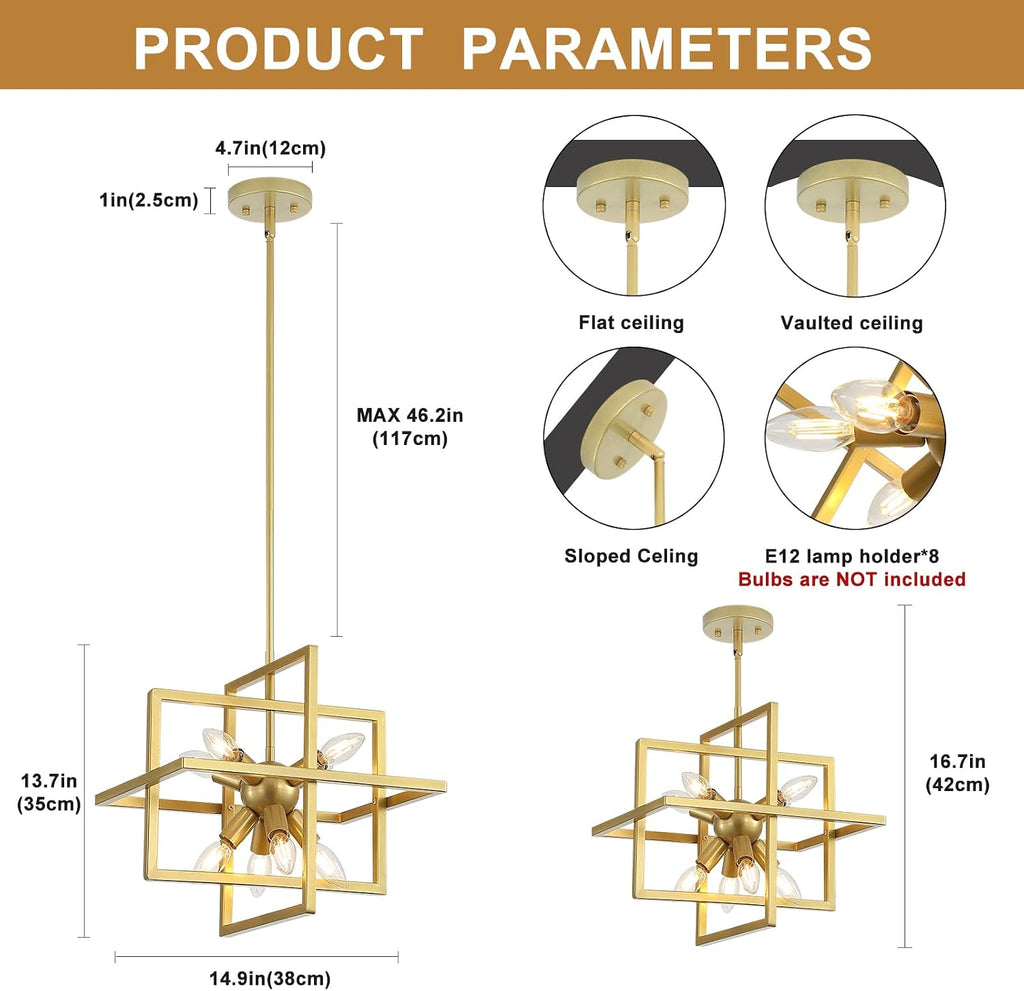 Modern Gold 8-Light Geometric Chandelier, Square Sputnik Pendant Light for Kitchen Island, Dining Room, Bedroom