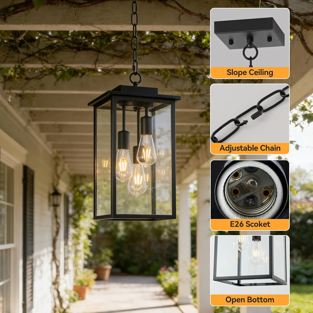 Outdoor Pendant Light Fixture E26 3-Light Modern Black Metal Outside Chandelier Exterior Hanging Fixture Ceiling