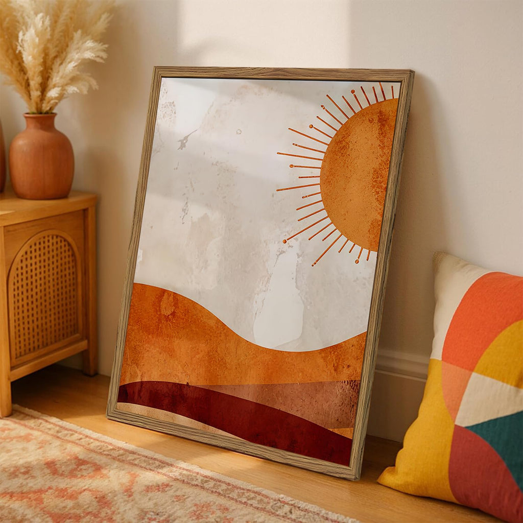 Framed Boho Sun and Moon Canvas Wall Art Set of 2, Vintage Western Desert Landscape Wall Decor Paintings, Mid Century