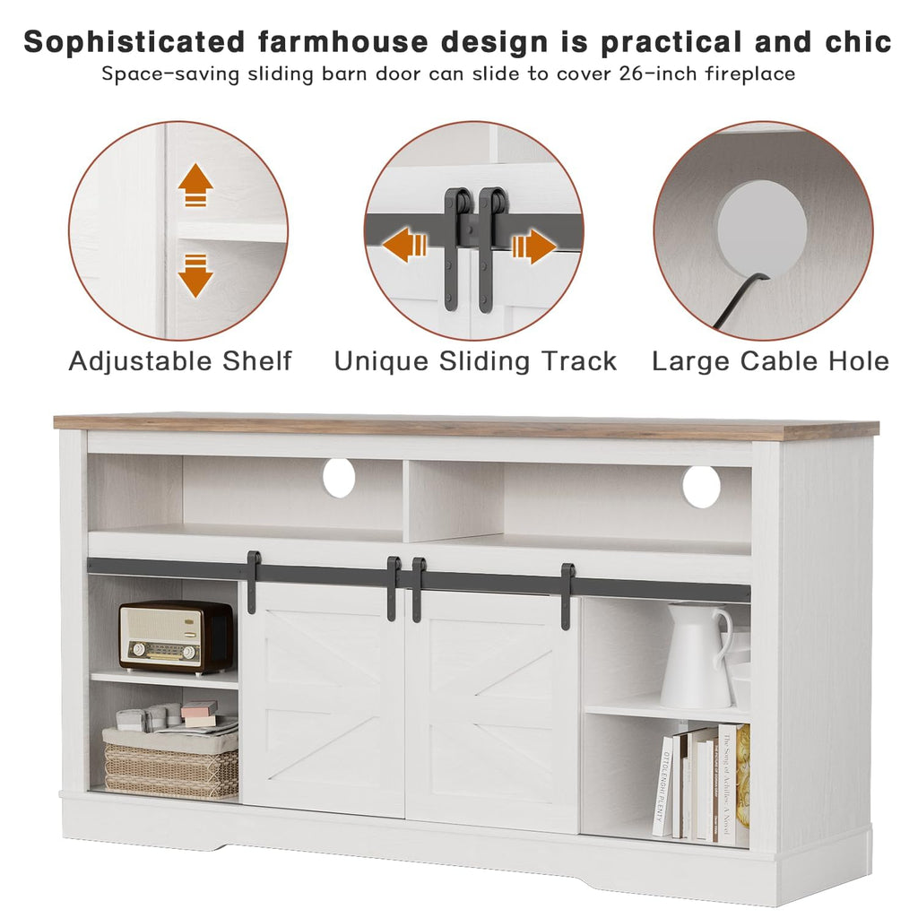 For TVs up to 65", Farmhouse Media Console, White | White Electric Fireplace TV Console with Storage Cabinets &