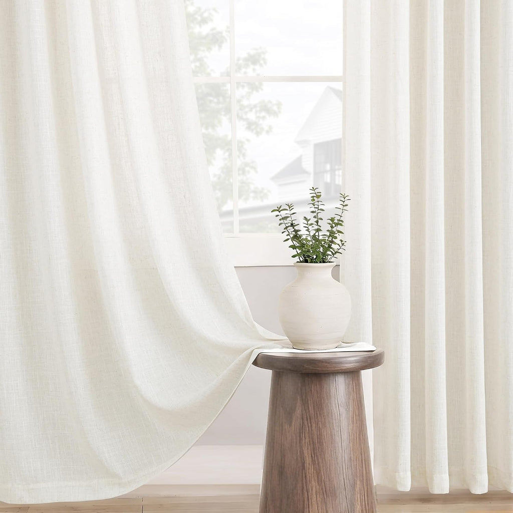 102 inch Long Pinch Pleat Linen Curtains 2 Panels Set for Living Room Sliding Door Natural Cream Light Filtering Semi