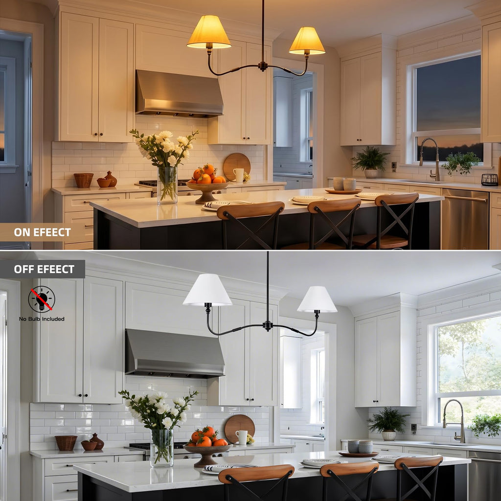 47" Modern Linear Chandelier Island, 2-Light Black Linear Dining Room Light Fixture with White Fabric Shade, Hanging