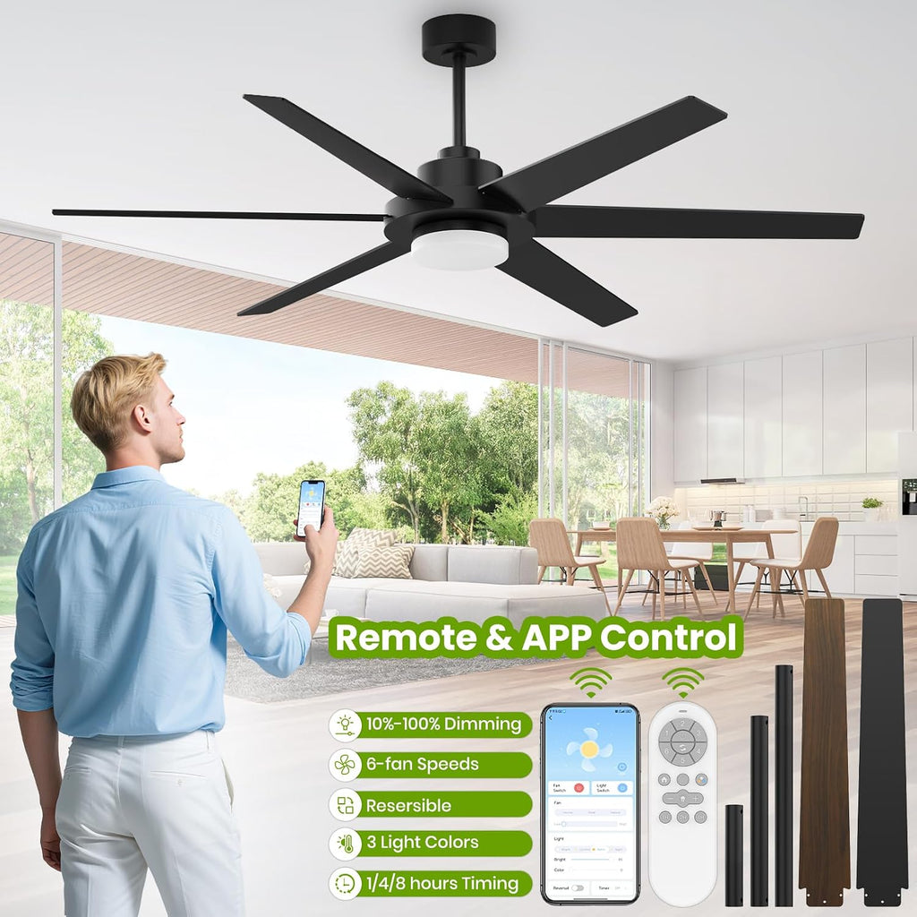 64 inch Ceiling Fans with Lights and Remote&APP,Industrial Ceiling Fan Reversible Quiet DC Motor, 6 Speed 3 CCT Dimiable, Modern Large Ceiling Fan for Living Room Farmhouse Patios Outdoor Gazebo Black A101-B0F82S3LSZ