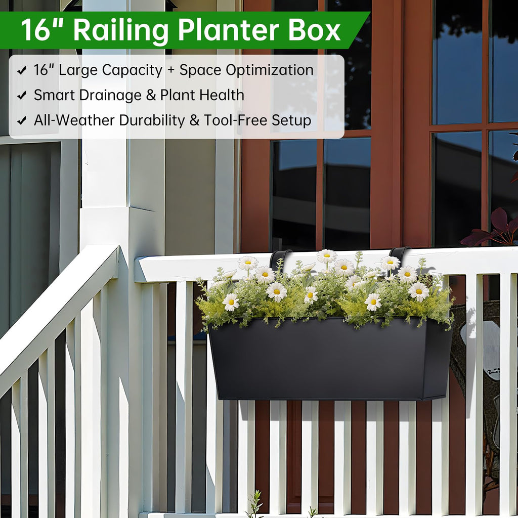 16" Large Hanging Planters for Outdoor Plants, Railing Planter Box, 3 Pack