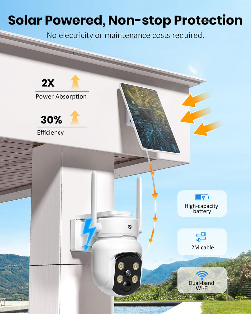 Solar Camera Wireless Outdoor, Security Camera with 2-in-1 Solar Panel, 4MP PTZ WiFi Camera, 360° Coverage, Dual-Band