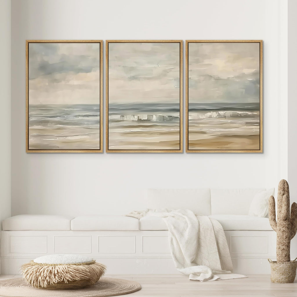 Framed Canvas Print Wall Art Set Coastal Serenity Abstract Seaside Illustrations Modern Art Decorative Rustic
