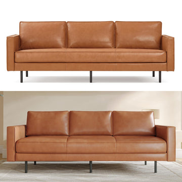 Varese 90" Full Leather Couch Cognac Tan Brown- Italian Nappa Leather Modern Cloud Couch /Apartment Furniture