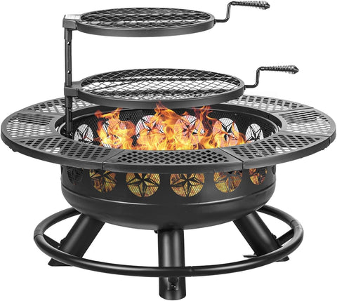 36 Inch Fire Pit with 2 Cooking Grills,Outdoor Wood Burning BBQ Firepit with Lid, 3-in-1 Outdoor Fire Pit for Backyard Deck Bonfire Patio