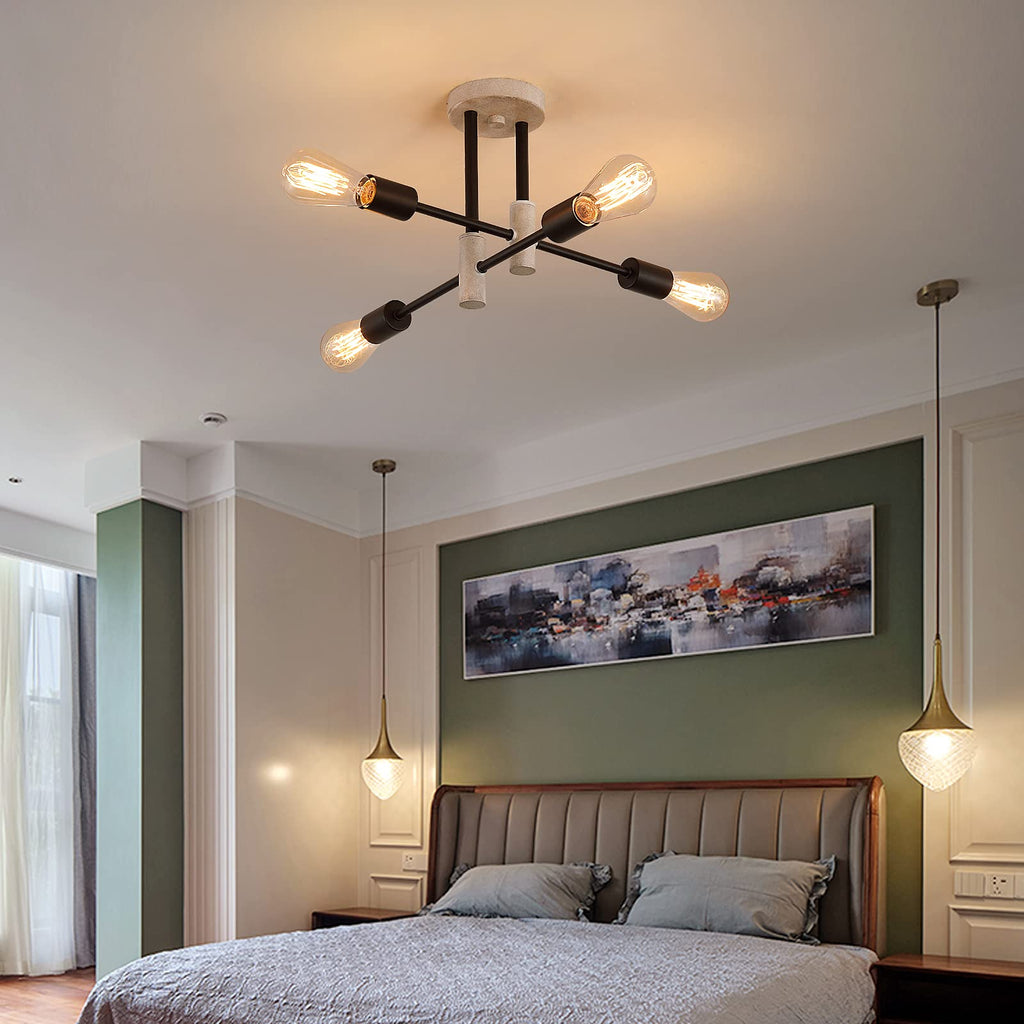 Farmhouse Ceiling Light Fixtures, Oak+Black, 4-Lights Rustic Vintage Metal Sputnik Chandelier Living Room Dining Room
