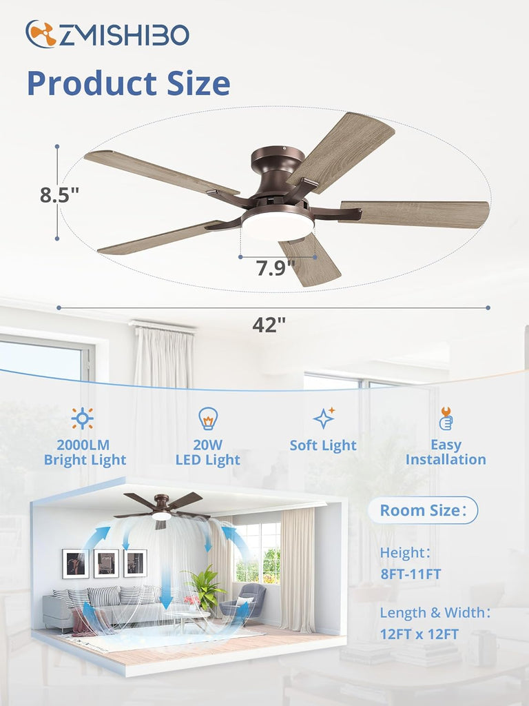 42 Inch Ceiling Fan with Light, App&Remote Control, Flush Mount Low Profile, Dimmable 20W LED Light, Quiet Reversible Motor for Bedroom, Living Room, Apartment, Brown A101-B0F8B5N8ZD