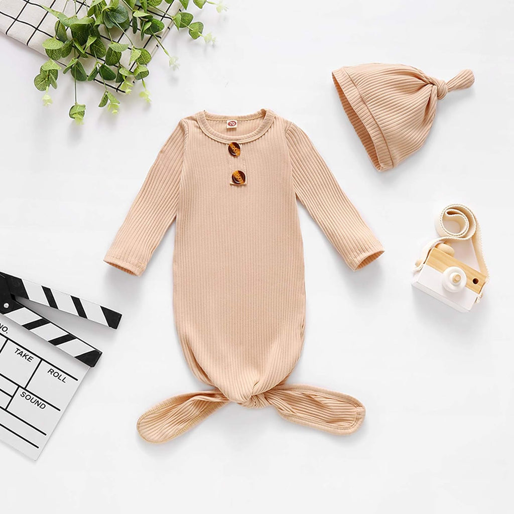 Knotted Sleeper Gown Unisex Boys Girls Sleepsuits with Mitten Cuffs and Matching Hat Baby Coming Home Outfit