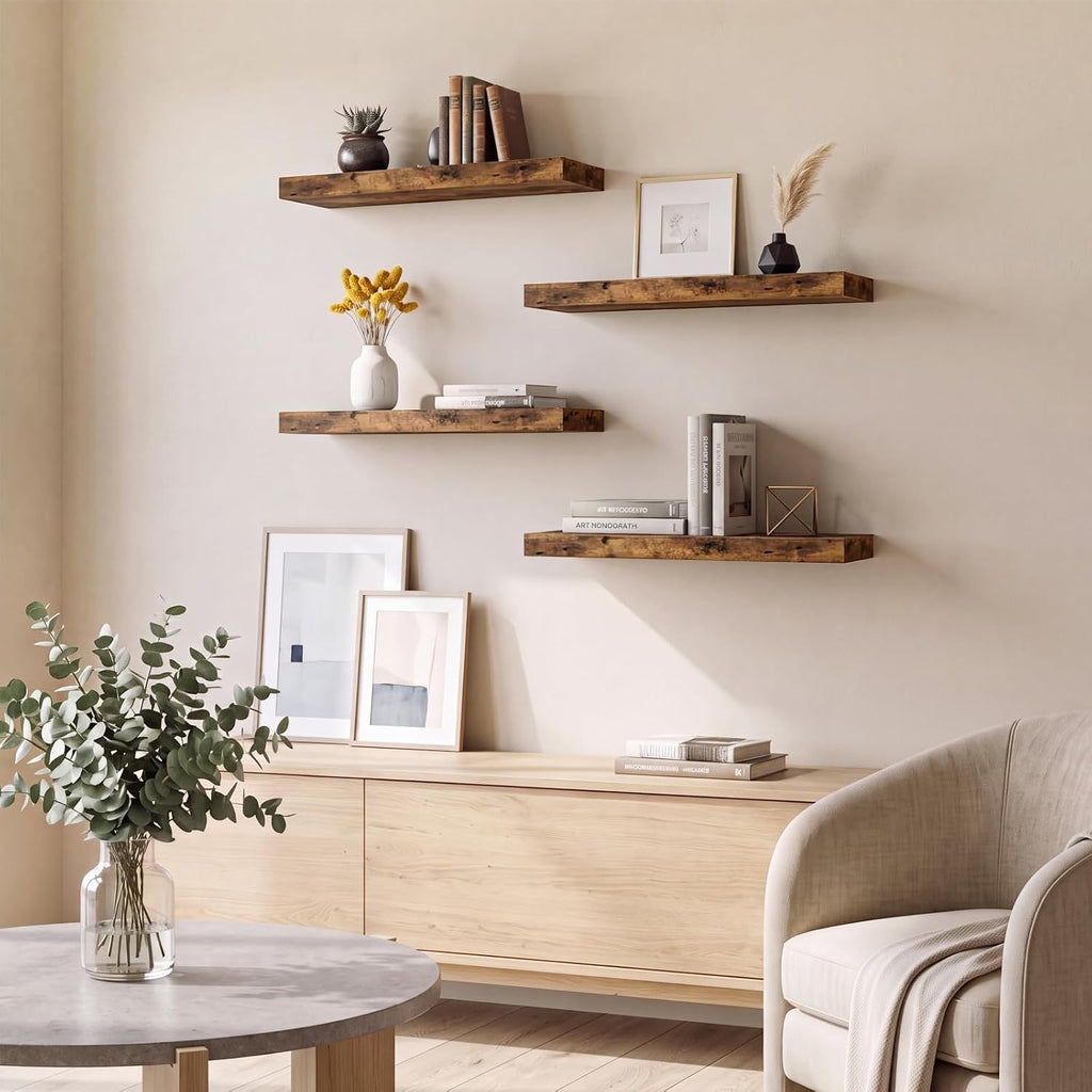 Floating Shelves for Wall Decor (Rustic Brown, Set of 4, 15.7 Inch) | MDF Shelves with Metal Brackets, Space Saving