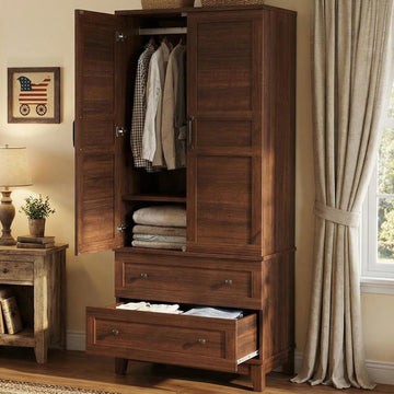 72" Armoire Wardrobe Closet with 2 Drawers, Heavy Duty Wooden Clothing Storage Cabinet with Hanging Rod and