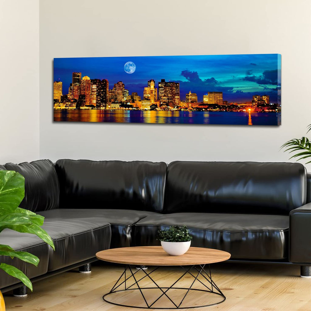 Boston Skyline Wall Blue Night Moon Massachusetts Cityscape Painting Canvas Prints USA Boston Downtown Skyscraper