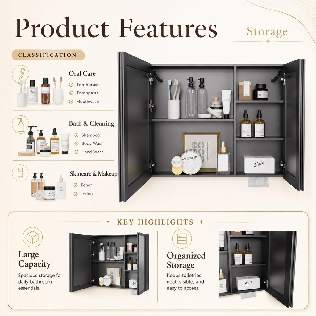 LED Bathroom Medicine Cabinet with Mirror, Anti-Fog, Single-Color White LED Light, Aluminum Wall-Mounted Storage
