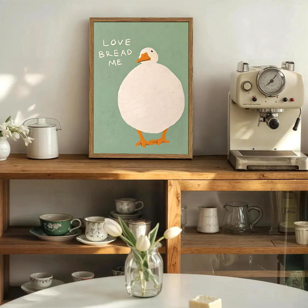 Cute Silly Goose Kitchen Wall Art Love Bread Me Quotes Wall Decor Painting, Funny White Duck Canvas Prints Picture